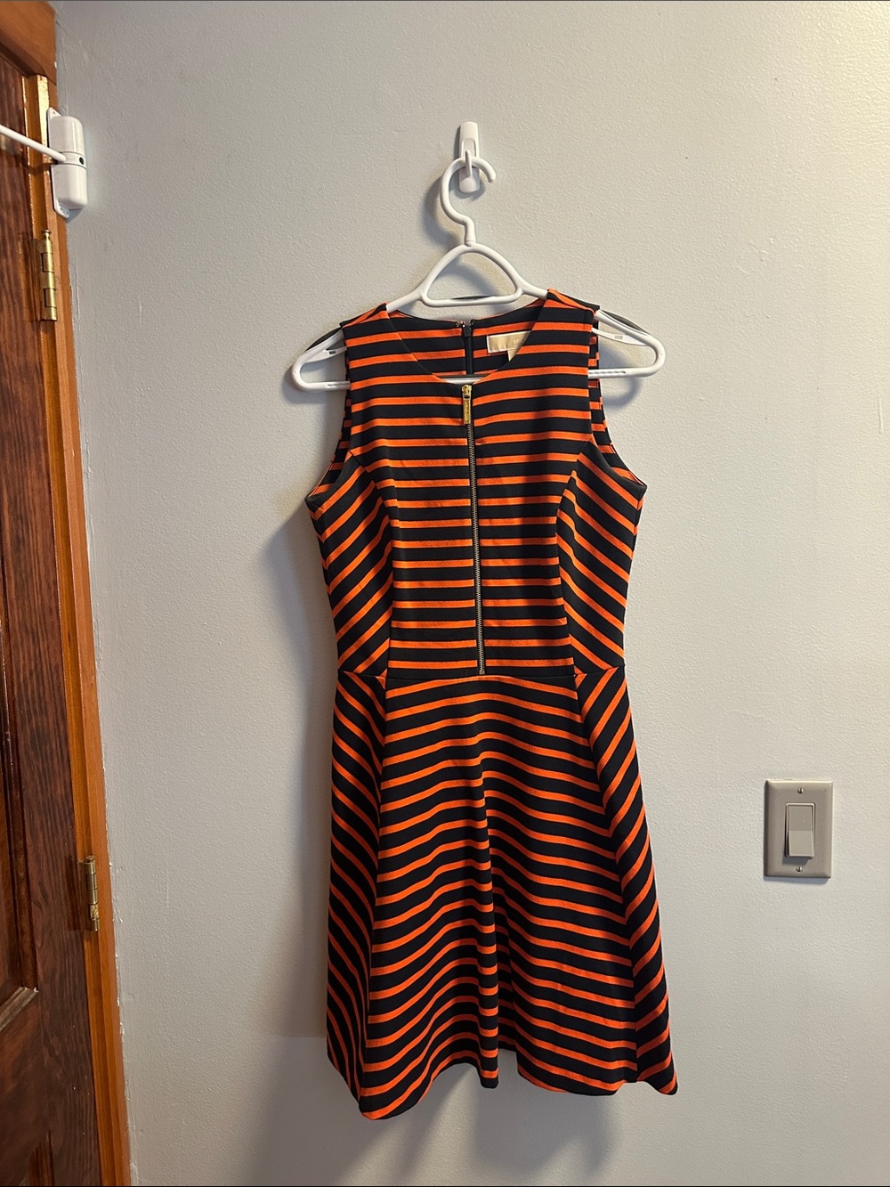 MICHAEL Michael Kors Black and Orange Striped Fit-and-Flare Midi Dress
